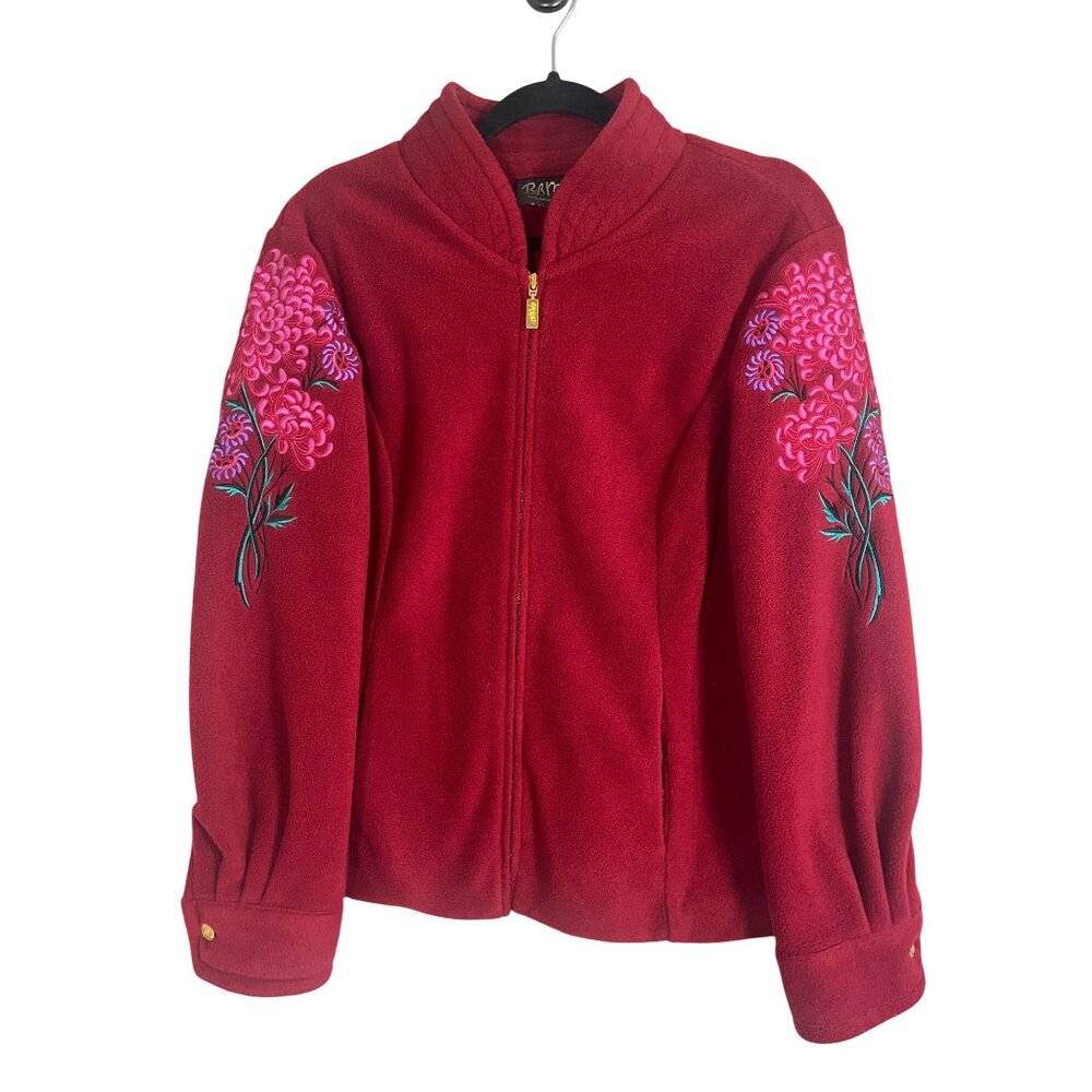 Bob Mackie Fleece Knit Sweater Red M Floral Embroidery Artsy Vintage 90s Classic